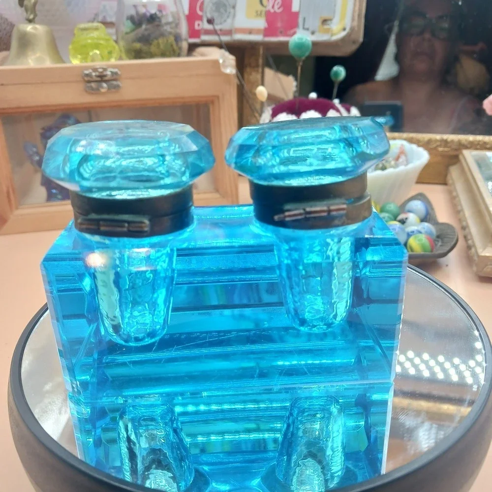 Antique Peacock Blue Glass DOUBLE Inkwell, Late 19th Century Victorian Desk